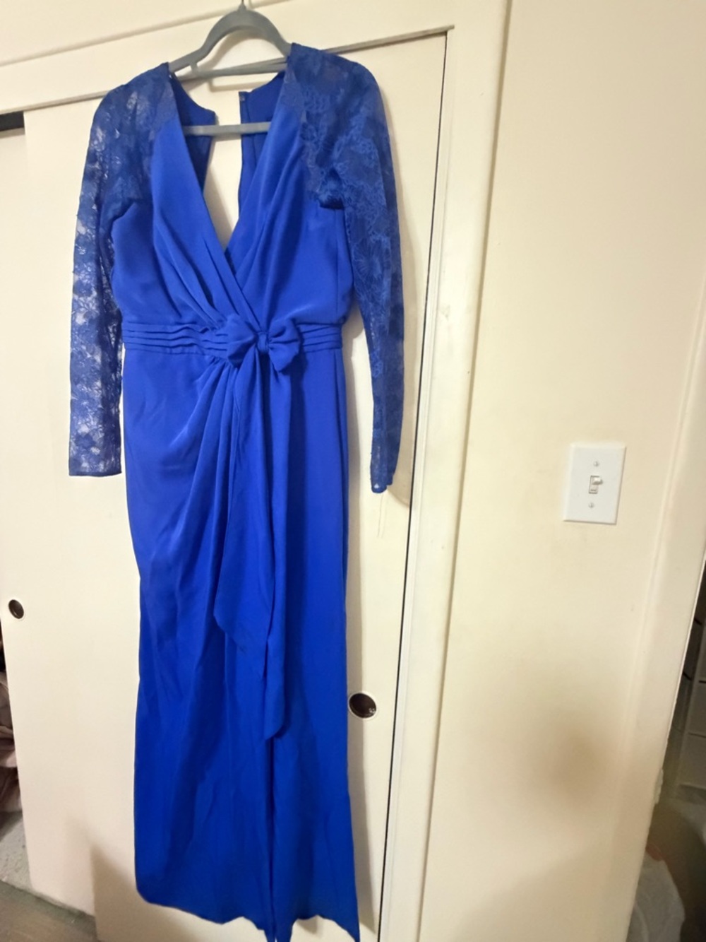 Tadashi Shoji Cobalt Blue Lace-Sleeve Maxi Gown